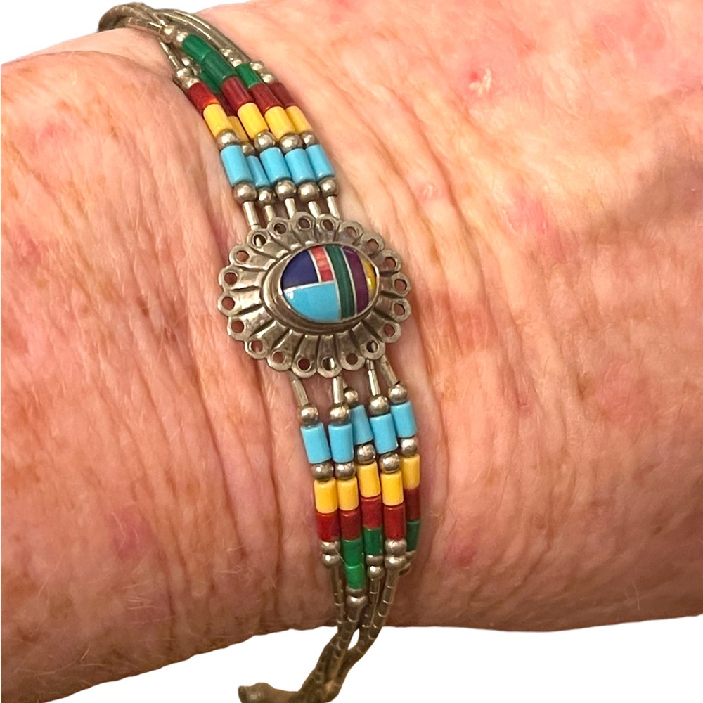Vintage Native Southwestern ZUNI Seed bead Sterling silver stone Inlay bracelet - Picture 9 of 9